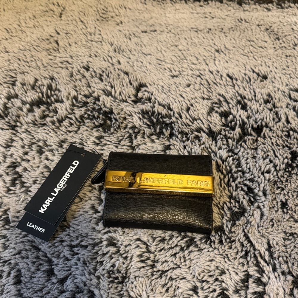 Karl Lagerfeld Black Leather Card Holder with Plastic Still On Gold Plaque